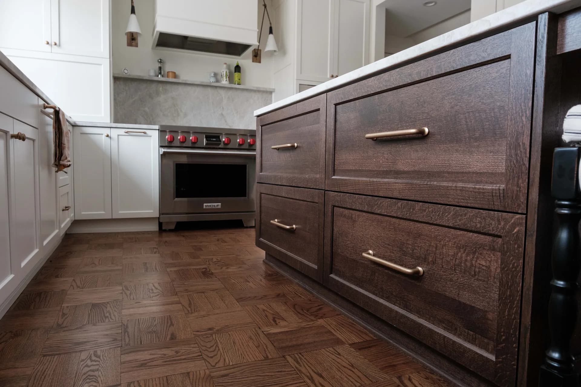 Showstopper custom kitchen with walnut island and brass hardware, Greater Lansing